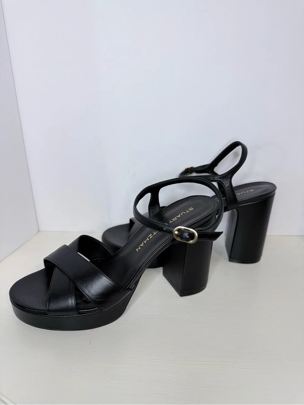 Stuart Weitzman Dayna Black Leather Platform Block Ankle-Strap Sandals 9.5 B